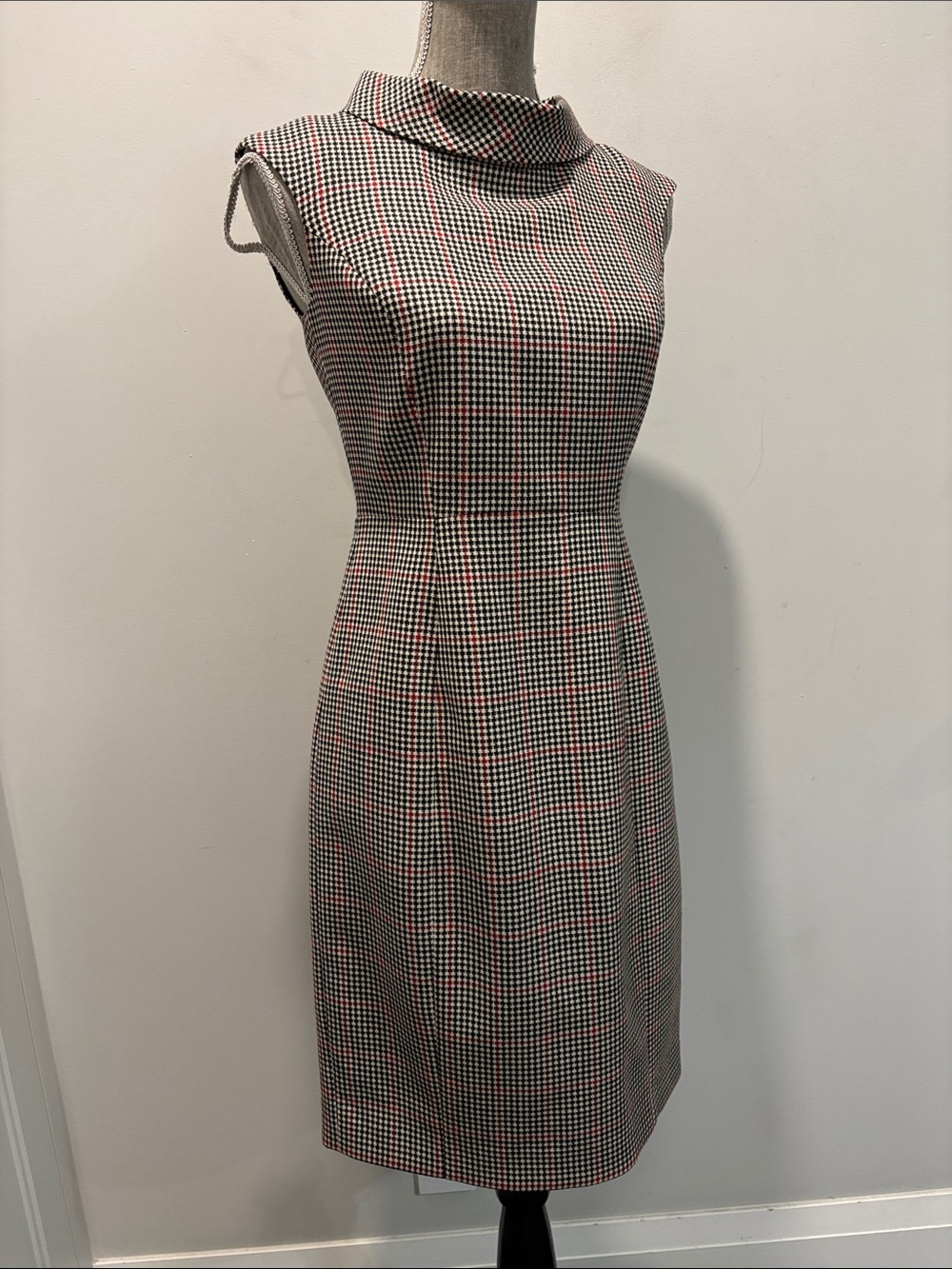 Brooks Brothers Wool Houndstooth Sheath Dress Cowl Neck 2P Black Red - Picture 12 of 15